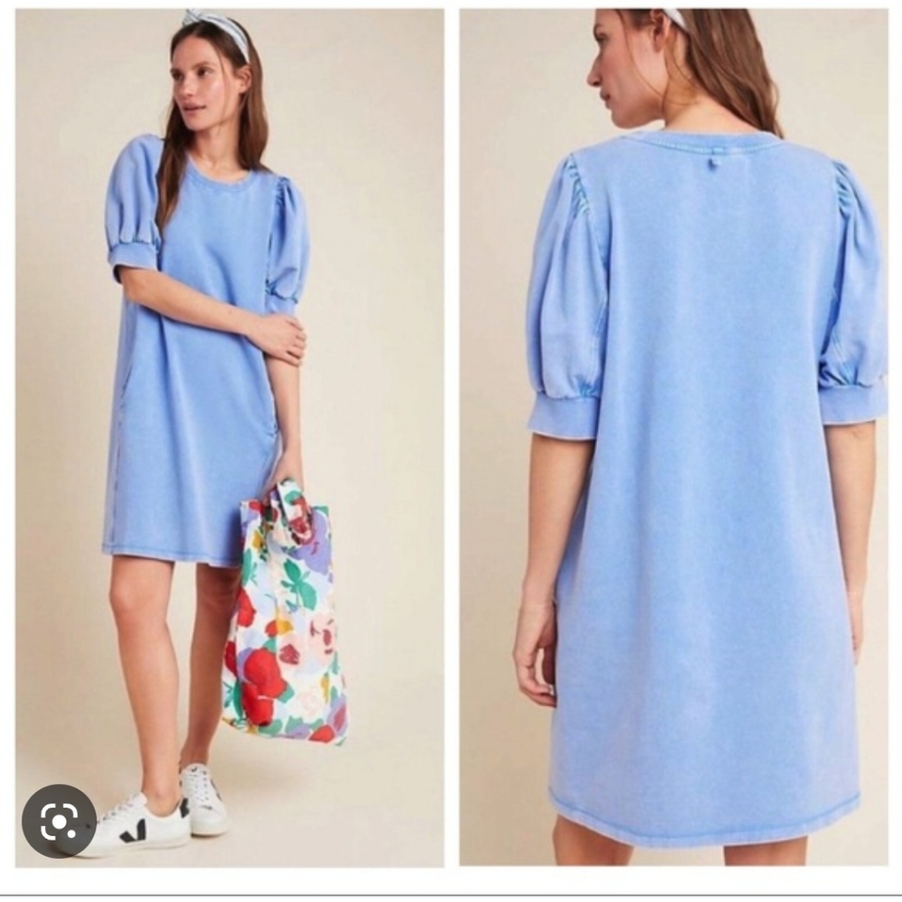 Anthropologie Saturday Sunday Blue Puff Sleeve Pockets Mini Dress XS
